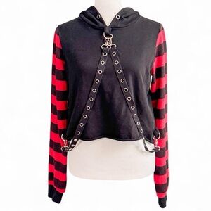 Black and Red Striped Women's Hoodie Top